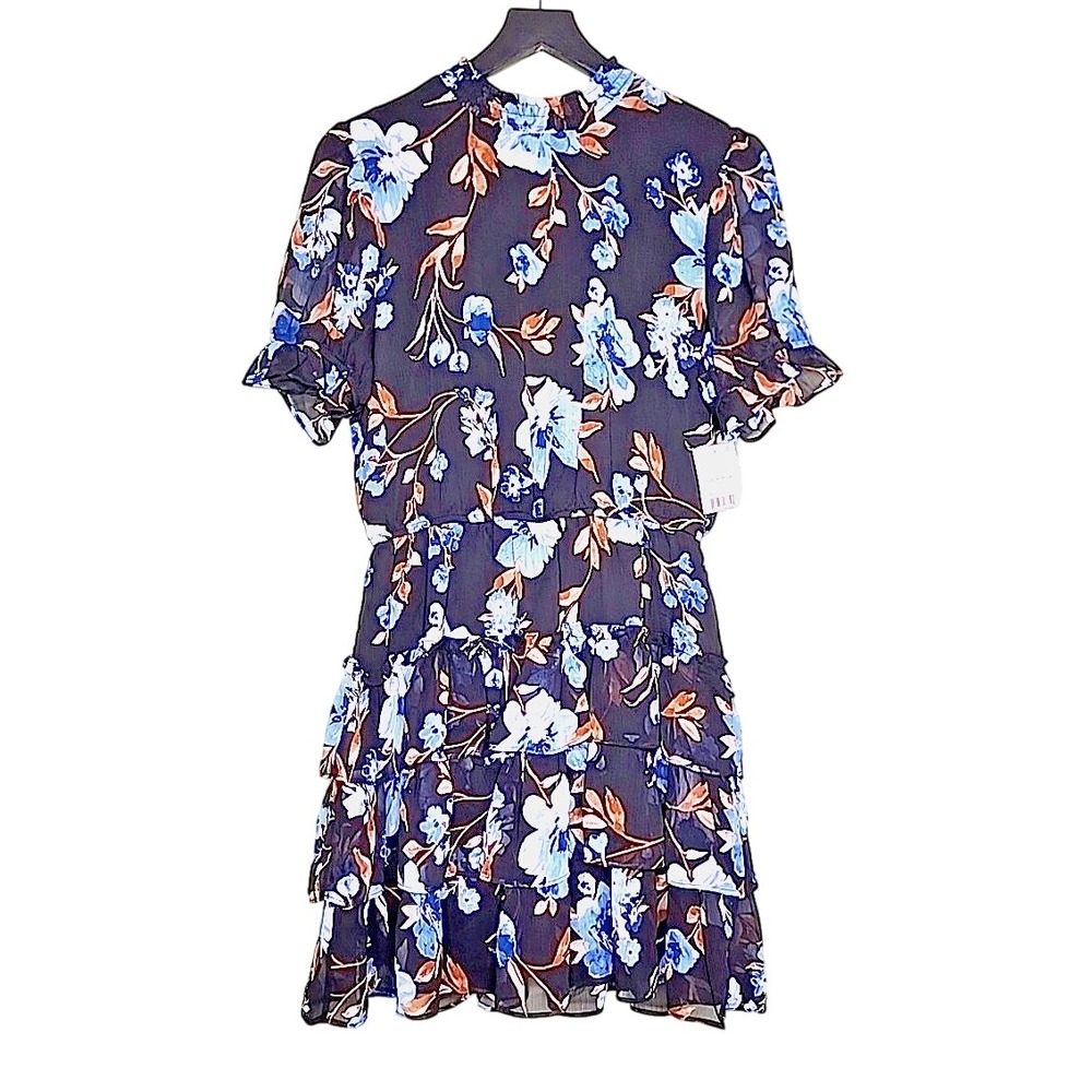 Crystal Doll Womens Floral Tiered Mini Dress Navy Blue Smocked Mock Neck S